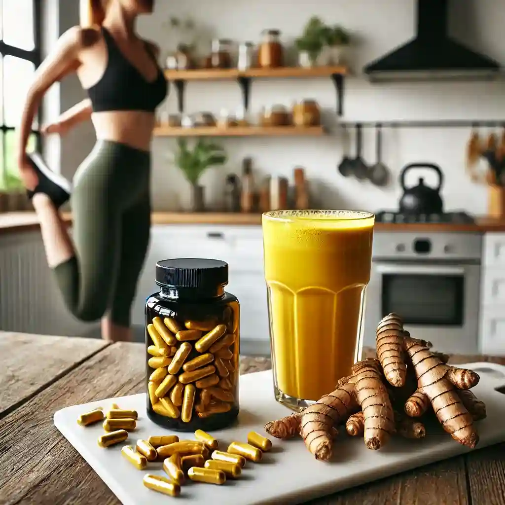 زردچوبه به شکل های مختلف (ترکیب شده با شیر، به شکل پودر، ریشه گیاه و مکمل) روی میز آشپزخانه
