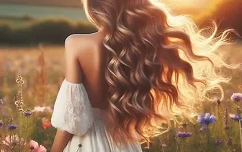 دختری با موهای سالم و بلند در غروب خورشید