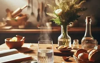 یک لیوان آب گرم روی میز آشپزخانه