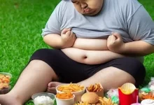 مرد چاقی با چربی اضافی شکم در حال خوردن فست فود