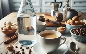 تصویر فنجان قهوه در کنار بطری آب، نمادی از کم آبی بدن