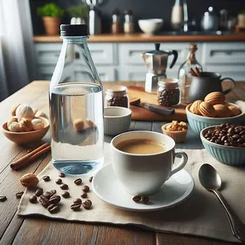 تصویر فنجان قهوه در کنار بطری آب، نمادی از کم آبی بدن