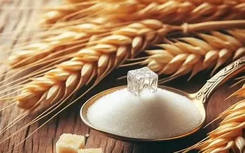 تصویری از خوشه گندم، قاشق شکر و حبه قند بعنوان نمادی از گلوکز، دکستروز و قند خون