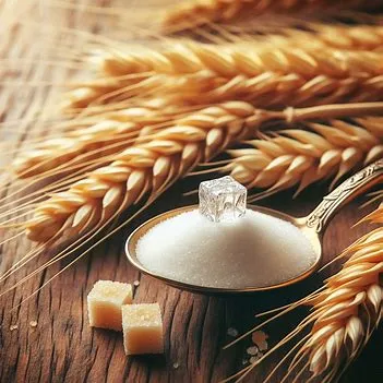 تصویری از خوشه گندم، قاشق شکر و حبه قند بعنوان نمادی از گلوکز، دکستروز و قند خون