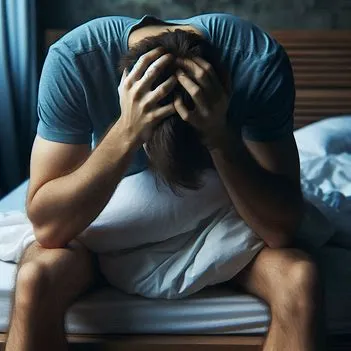 مرد جوانی که بدلیل مشکلات جنسی لب تخت با ناراحتی نشسته است