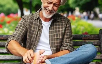 مردی نشسته روی نیکمت در پارک در حال خارش پا