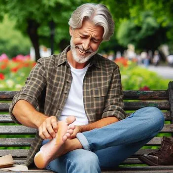 مردی نشسته روی نیکمت در پارک در حال خارش پا