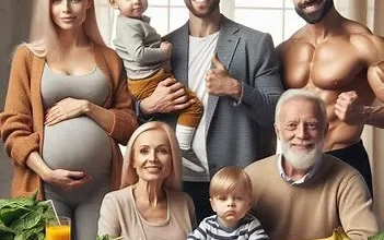تصویری از یک خانواده در کنار یک میز پر از مواد غذایی حاوی پتاسیم