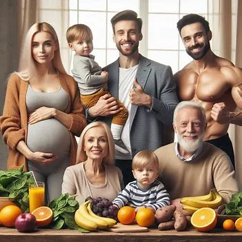 تصویری از یک خانواده در کنار یک میز پر از مواد غذایی حاوی پتاسیم