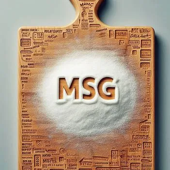 تصویر تخته خرد کردن چوبی که روی آن با پودر سفید مونوسدیم گلوتامات نوشته MSG
