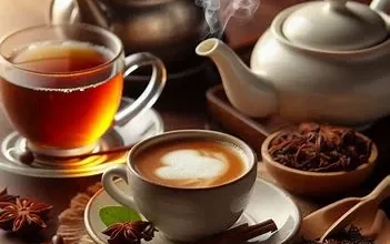 تصویر دو فنجان قهوه و چای سیاه داغ روی میز