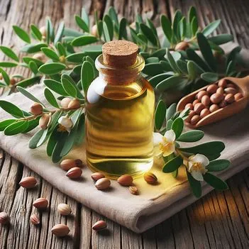 تصویر بطری روغن جوجوبا و دانه های قهوه مانند آن