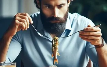 مرد جوان مبتلا به ام اس در حال خوردن ماهی