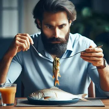 مرد جوان مبتلا به ام اس در حال خوردن ماهی