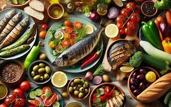 تصویری از غذاهایی مانند ماهی، سبزیجات، زیتون و نان سبوس دار که در رژیم مدیترانه ای،خوردن آنها توصیه می شود