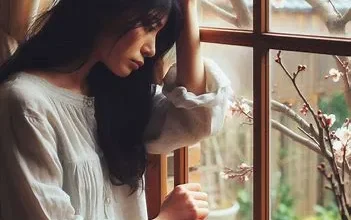 زن جوان افسرده ای پشت پنجره با منظره بهاری
