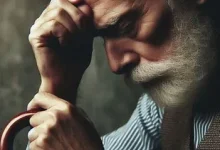مرد مسنی که بدلیل احساس خستگی مداوم پیشانی اش را به عصا تکیه داده