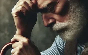 مرد مسنی که بدلیل احساس خستگی مداوم پیشانی اش را به عصا تکیه داده