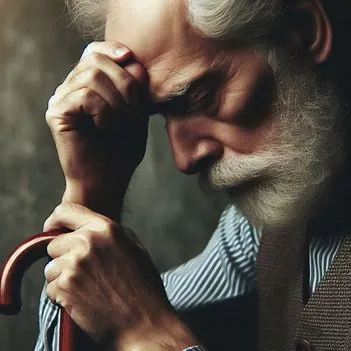 مرد مسنی که بدلیل احساس خستگی مداوم پیشانی اش را به عصا تکیه داده