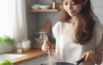 زنی در حال آشپزی در قابلمه نچسب- ظروف نچسب حاوی مواد شیمیایی تجزیه ناپذیر هستند
