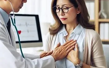 پزشک در حال معاینه زنی میانسال برای بررسی ارتباط روماتیسم مفصلی با بیماری قلبی