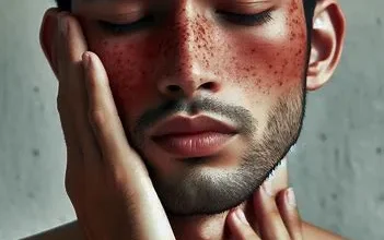 صورت مرد جوان مبتلا به بیماری لوپوس که دچار ضایعات پروانه ای شکل روی بینی و گونه ها است