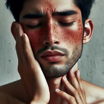 صورت مرد جوان مبتلا به بیماری لوپوس که دچار ضایعات پروانه ای شکل روی بینی و گونه ها است