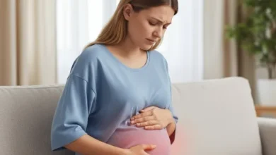 تصویر زن جوان بارداری روی کاناپه که دچار درد شکم است