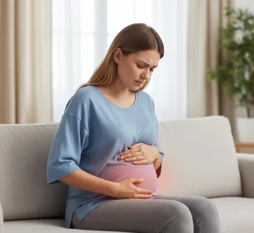 تصویر زن جوان بارداری روی کاناپه که دچار درد شکم است