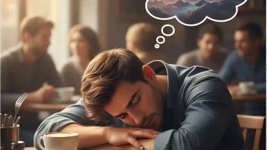 تصویر فرد مبتلا به نارکولپسی که پشت میز غذا دچار حمله خواب شده است