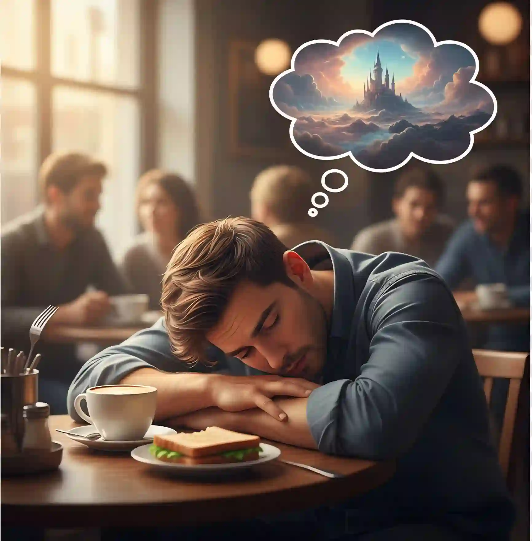 تصویر فرد مبتلا به نارکولپسی که پشت میز غذا دچار حمله خواب شده است