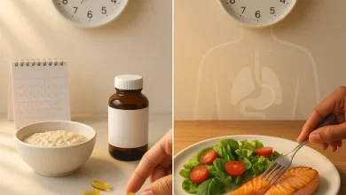 تصویر ساعت دیواری در پس زمینه مکمل روغن ماهی در کنار بشقاب حاوی ماهی