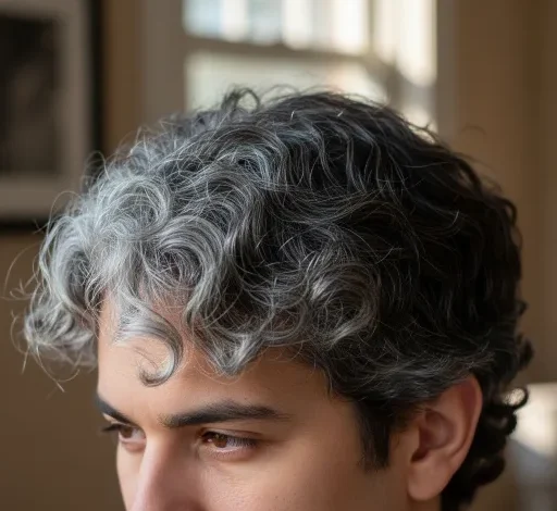 تصویر موهای مرد جوانی که دچار سفیدی زودرس موها شده است