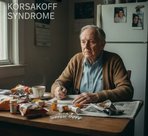مردی میانسال مبتلا به سندروم کورساکوف، با حالتی گیج پشت میز آشپزخانه