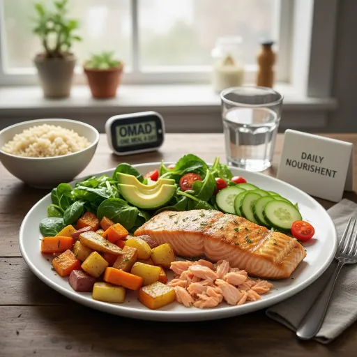 تصویر یک بشقاب غذا حاوی ترکیبی از غذاهای مناسب برای رژیم غذایی OMAD