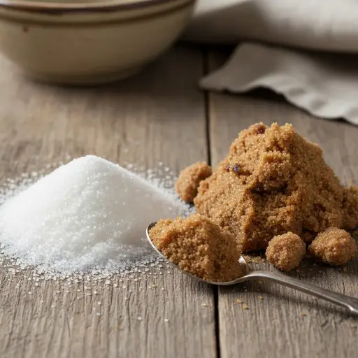 تصویر مقداری شکر سفید و شکر قهوه ای رو میز چوبی