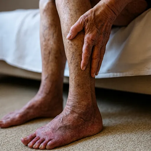 نمای نزدیک از پاهایی که بدلیل گردش خون ضعیف دچار تغییر رنگ شده
