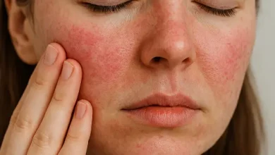 تصویز زنی که بدلیل پوست حساسی که دارد ناراحت است