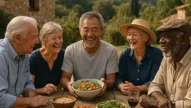 تصویر چند سالمند شاد با سبک زندگی منطقه آبی دور میز غذا