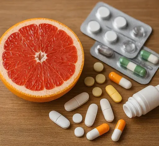 تداخلات دارویی با گریپ فروت: تصویر گریپ فروت برش خورده و چند داروی مختلف