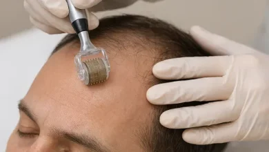 پزشک در حال انجام میکرونیدلینگ روی سر یک مرد