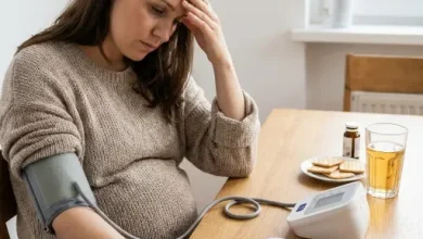 شایع ترین عوارض بارداری: زن باردار نگرانی در حال اندازه گیری قند خون و فشار خون خود