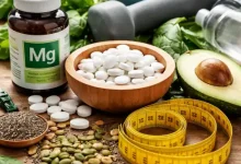 تصویر مکمل منیزیم در کنار وزنه های کوچک ورزشی، سانتیمتر، تخم کدو و آووکادو